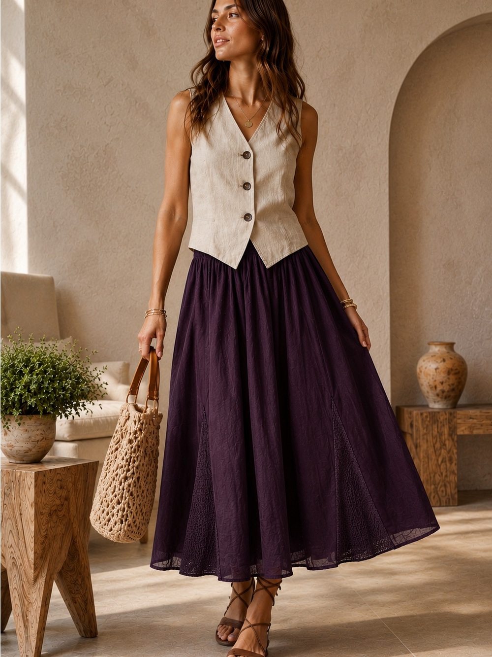 Plum Boho‎ Godet Midi Skirt Elastic Waist Cottagecore Lagenlook